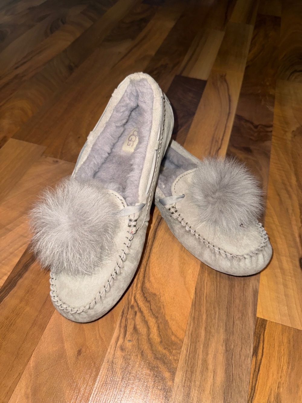 UGG Women's Gray Pom-Pom Moccasin Slippers